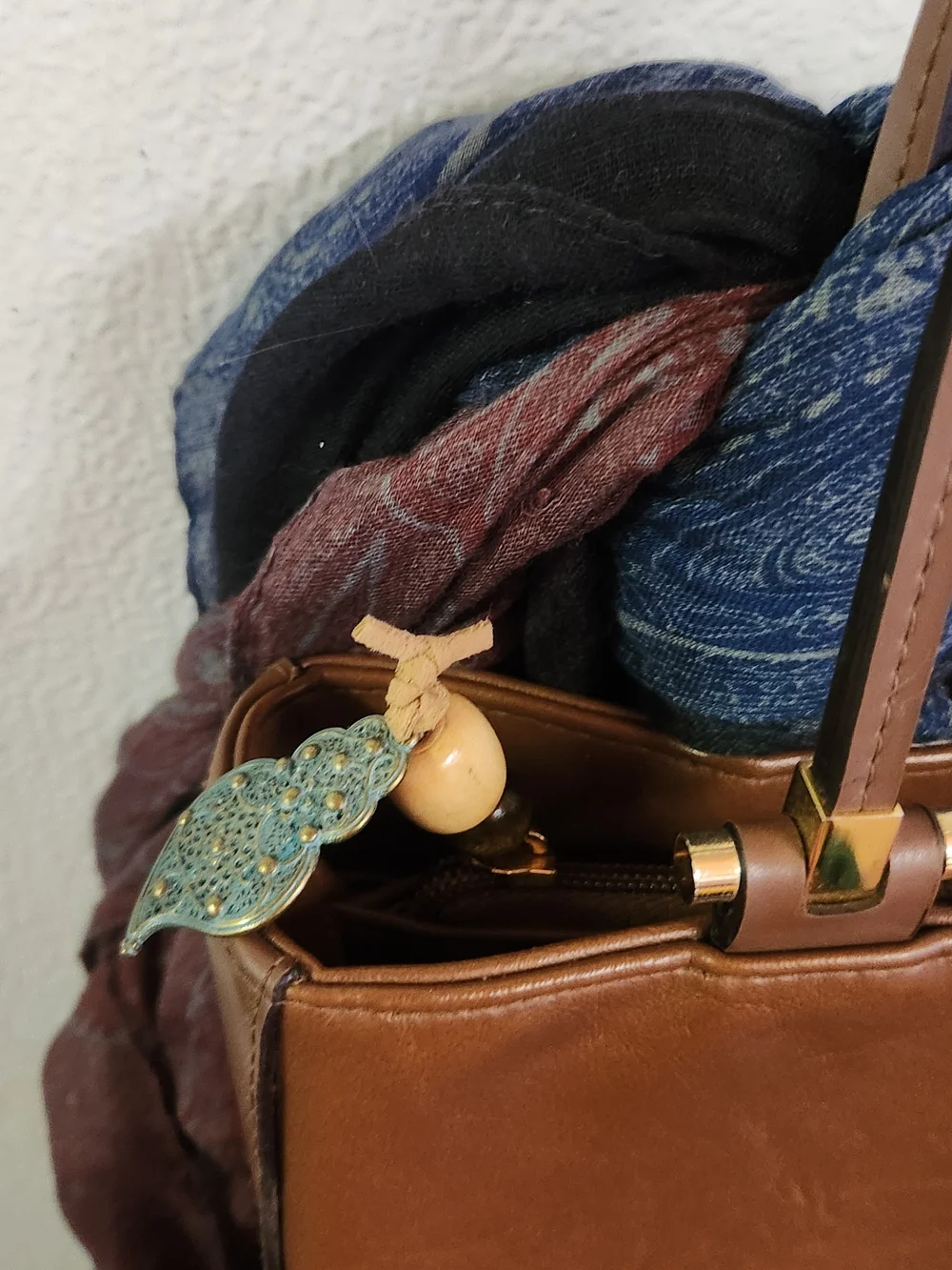 Leather Tote Bag with Decorative Scarf - Brown